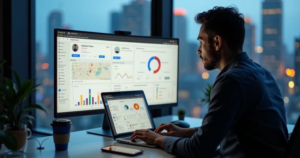 Empreendedor analisando leads em painel com Google Business Profile na tela