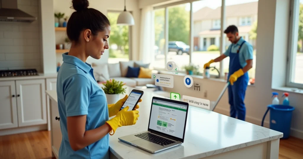 Empresária de limpeza nos EUA mostrando busca do Google com destaque para anúncios locais