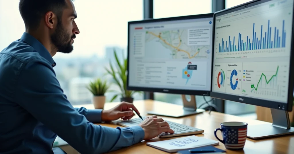 Empreendedor brasileiro analisando anúncios de serviços locais no Google em escritório moderno
