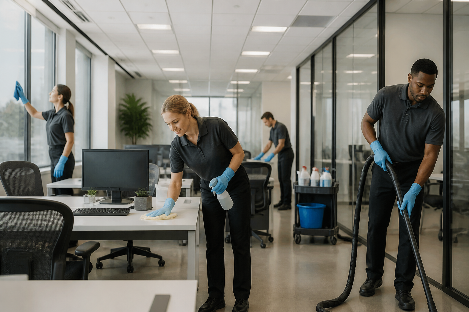 SEO para Cleaning Services nos EUA: Guia Completo 1 imagem de uma equipe de limpeza profissional trabalhando em um escritório nos EUA
