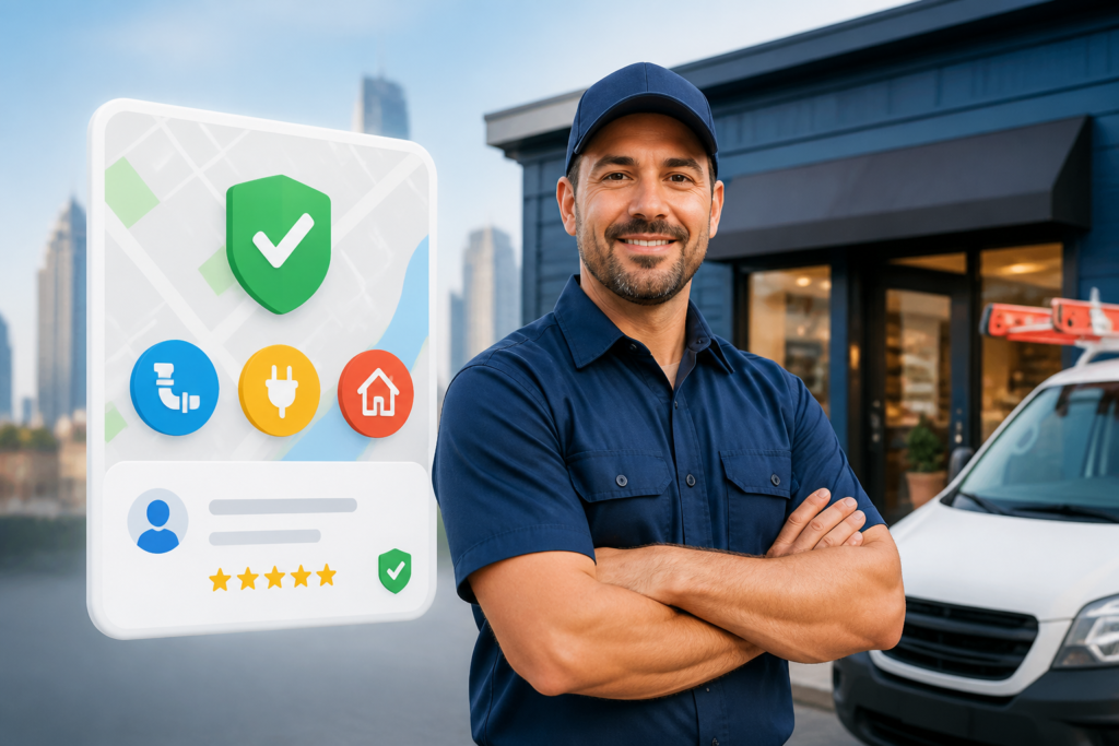 Google Local Services: Benefícios para Pequenas Empresas 3 Ilustração de empresário usando o Google Local Services Ads.