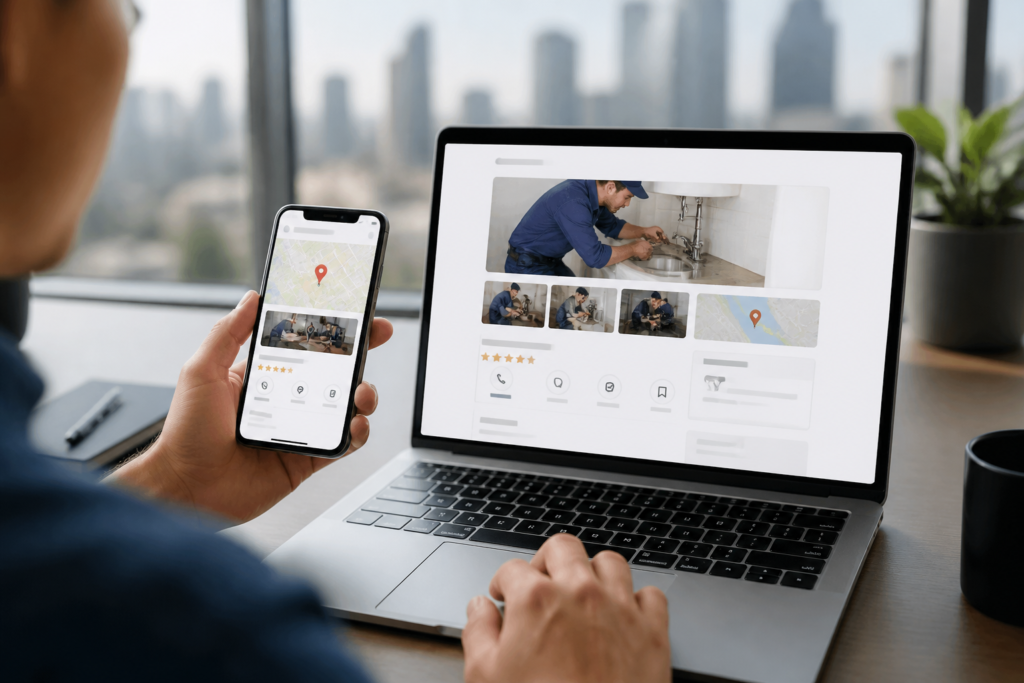 Otimizando seu Google Business Profile: Guia para Negócios de Serviço no EUA 2 Imagem de um teclado com a tecla "Google" em destaque, representando a otimização de perfis de negócios no Google Business.