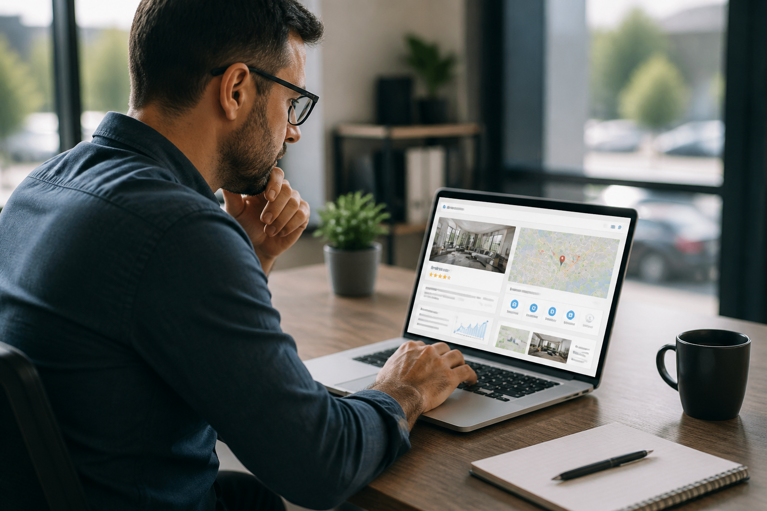 Otimizando seu Google Business Profile: Guia para Negócios de Serviço no EUA 1 Empreendedor otimizando perfil Google em laptop