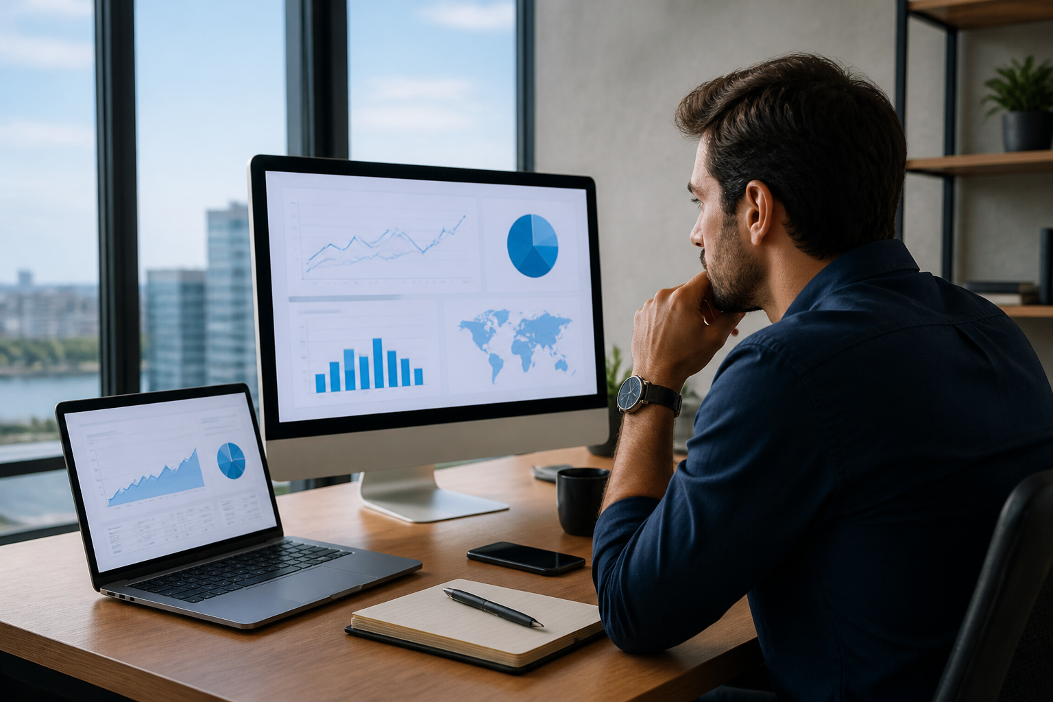 Por Que seu Negócio nos EUA Precisa de SEO Especializado Alem do LSA 1 Empreendedor brasileiro analisando gráficos de SEO e LSA