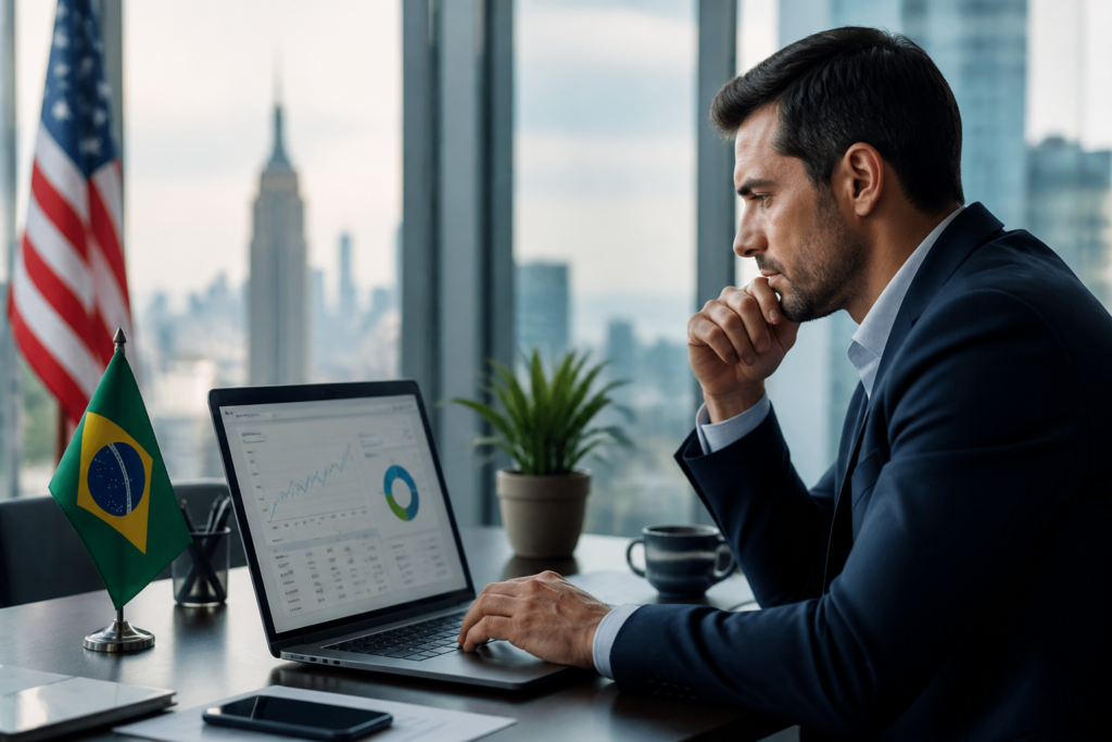 SEO para Brasileiros nos EUA: 9 Passos Essenciais 1 SEO para brasileiros nos EUA — empresário brasileiro analisando gráficos de SEO no laptop em um escritório moderno
