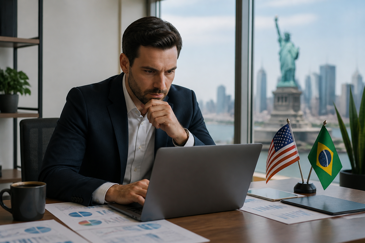 SEO para Brasileiros nos EUA: 9 Passos Essenciais 1 SEO para brasileiros nos EUA — Empresário analisando estratégias de SEO em seu laptop