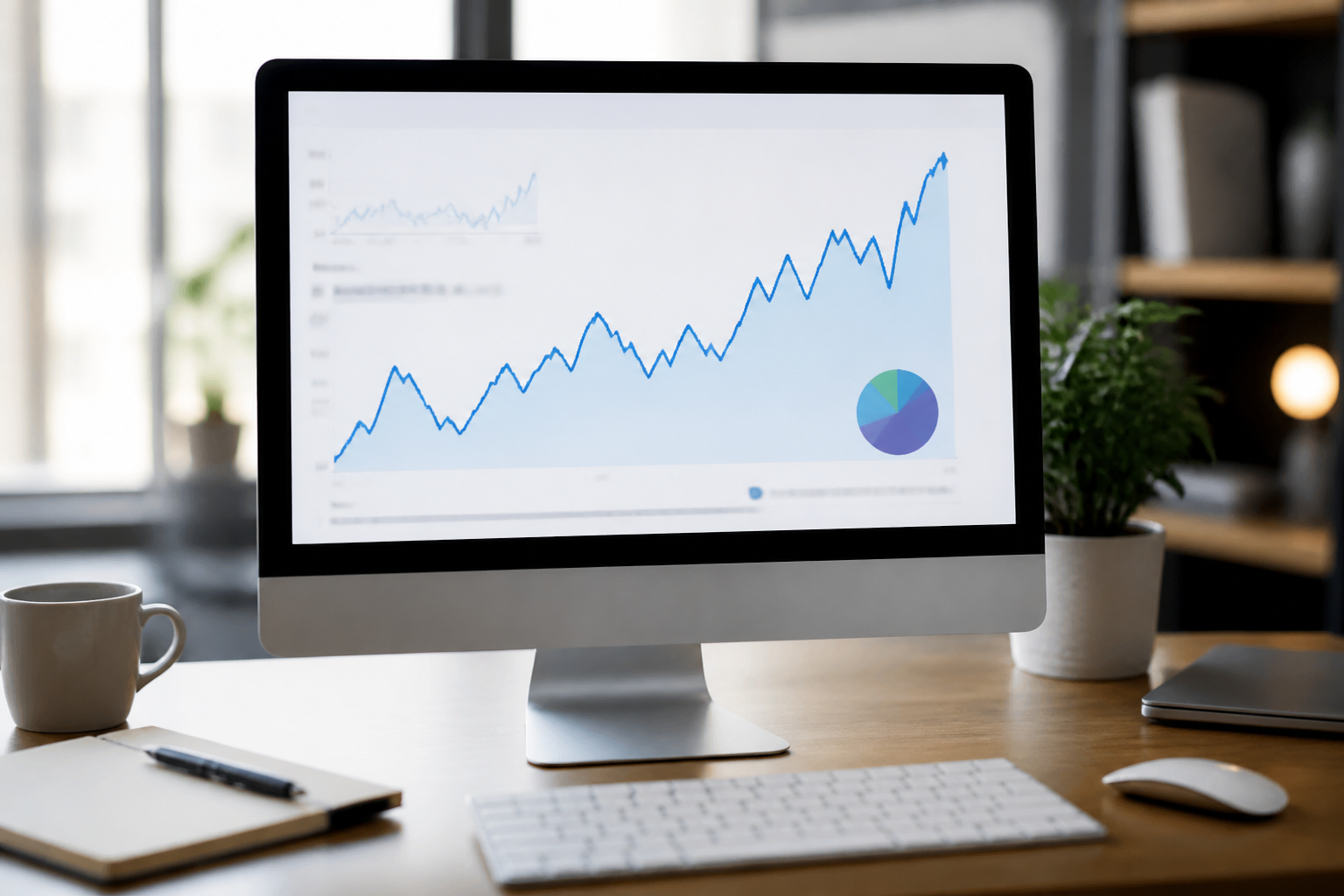 SEO para Brasileiros nos EUA: 9 Passos Essenciais 2 como aparecer no Google nos EUA — Gráfico de visitas crescendo em uma tela de computador