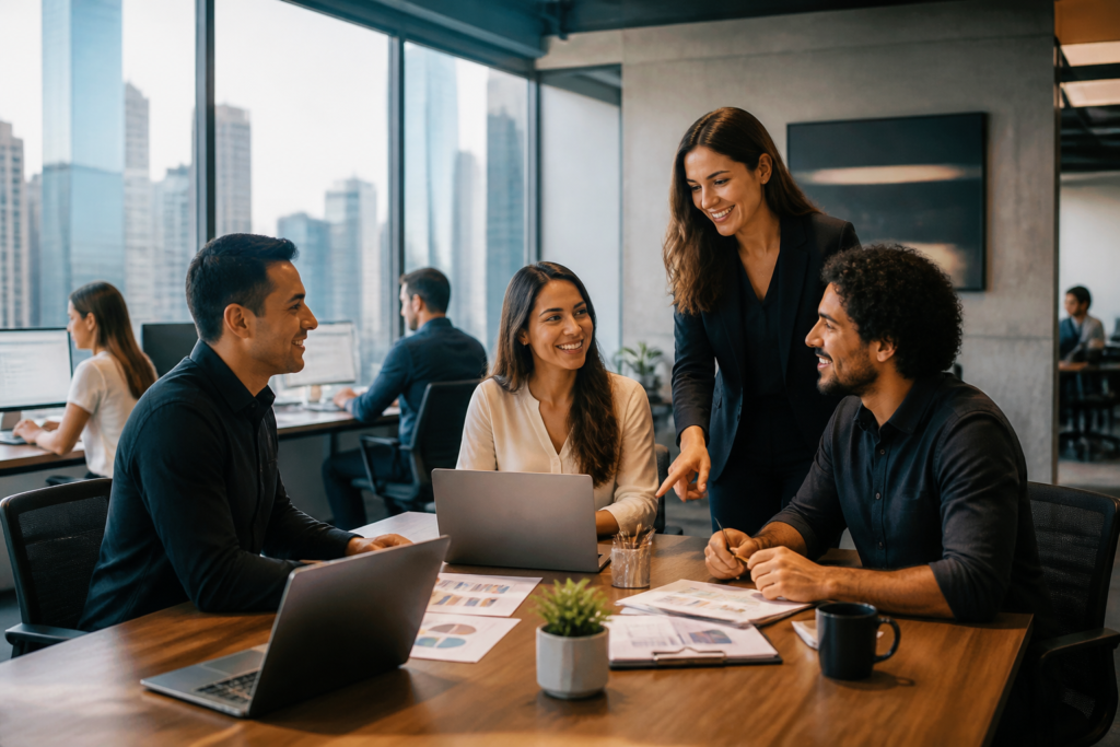 Agência de Marketing para Brasileiros nos EUA 1 Agência especializada em marketing para brasileiros nos Estados Unidos — Escritório moderno com equipe discutindo estratégias de marketing