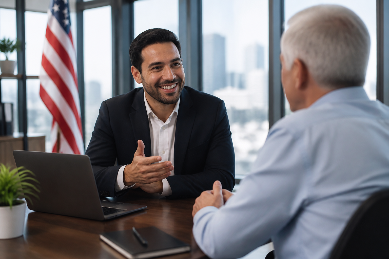 Agência de Marketing para Brasileiros nos EUA 1 Agência especializada em marketing para brasileiros nos Estados Unidos — Empresário brasileiro conversando com cliente nos EU