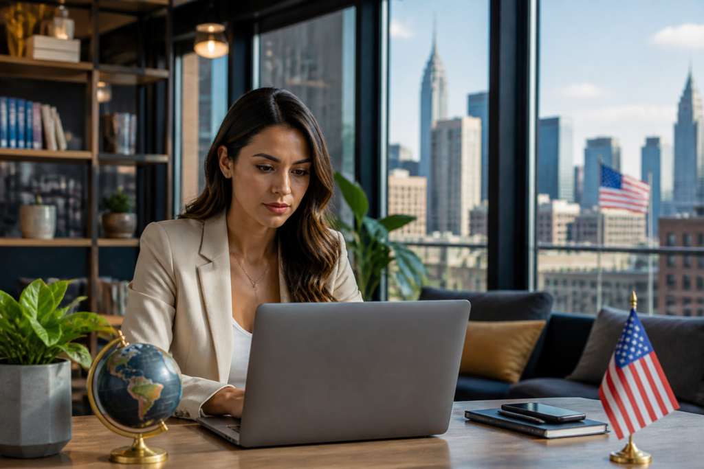 Agência Google Business Profile nos EUA: Estratégias Eficazes 1 Agência Google Business Profile nos EUA — Fachada de prédio moderno com logotipo do Google em destaque e céu azul ao fundo