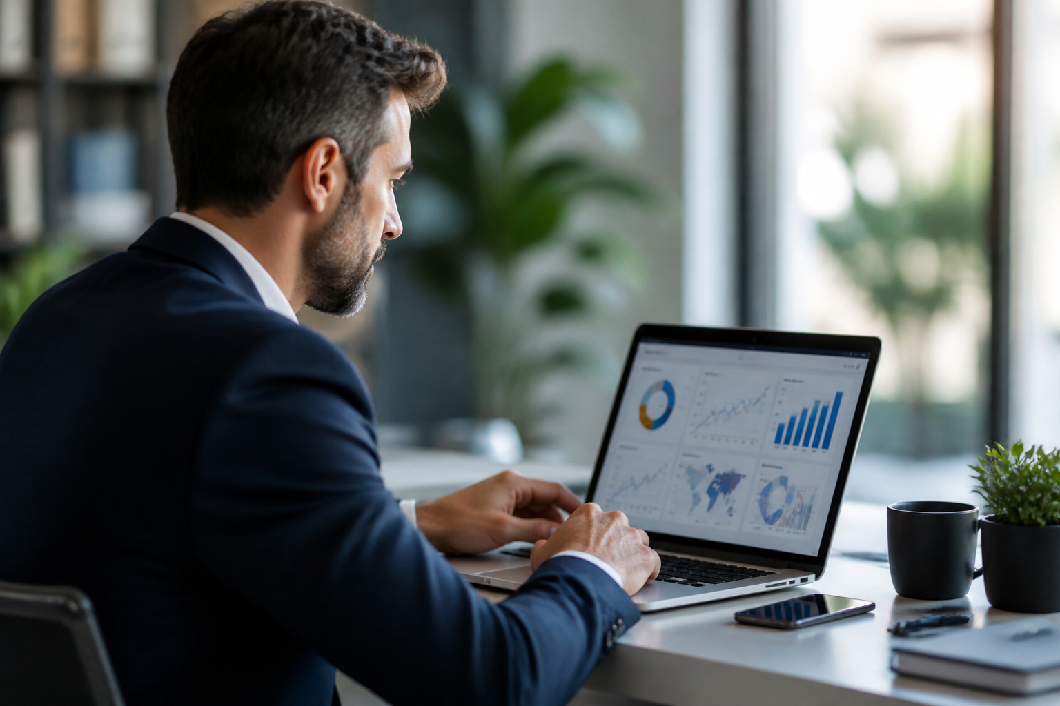 Agência Google Business Profile nos EUA: Estratégias Eficazes 1 agência google business profile nos EUA — Empresário analisando métricas de marketing digital em um laptop