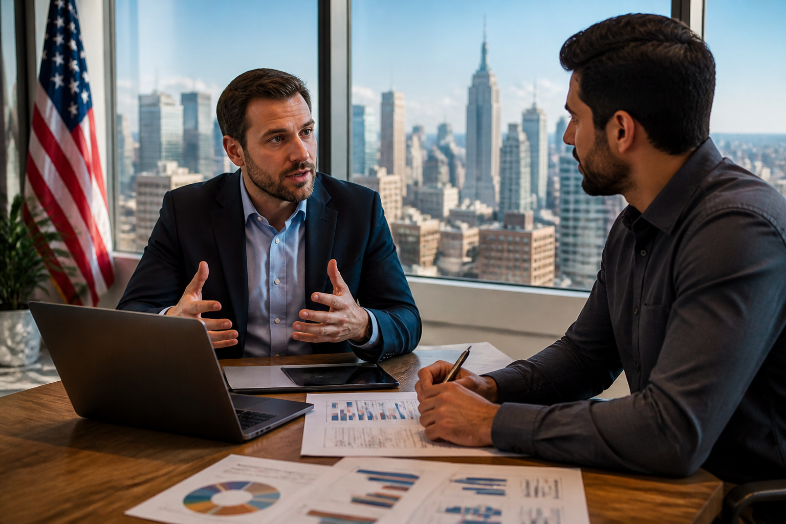 Agência Google Business Profile nos EUA: Estratégias Eficazes 2 agência google business profile nos EUA — Empresário brasileiro discutindo estratégias de marketing com um consultor