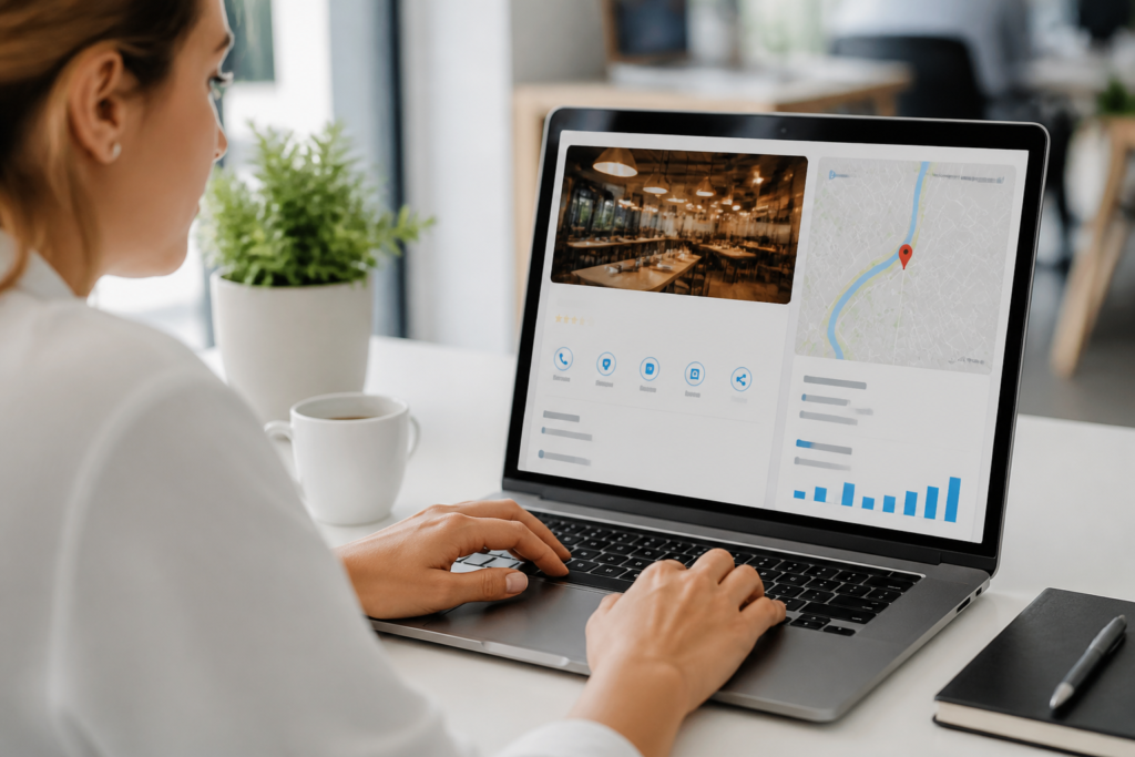 Configuração Google Business: Guia para Pequenos Negócios 3 Configuração do Google Business Profile para pequenos negócios — tela de computador exibindo painel de configuração do Google Business Profile