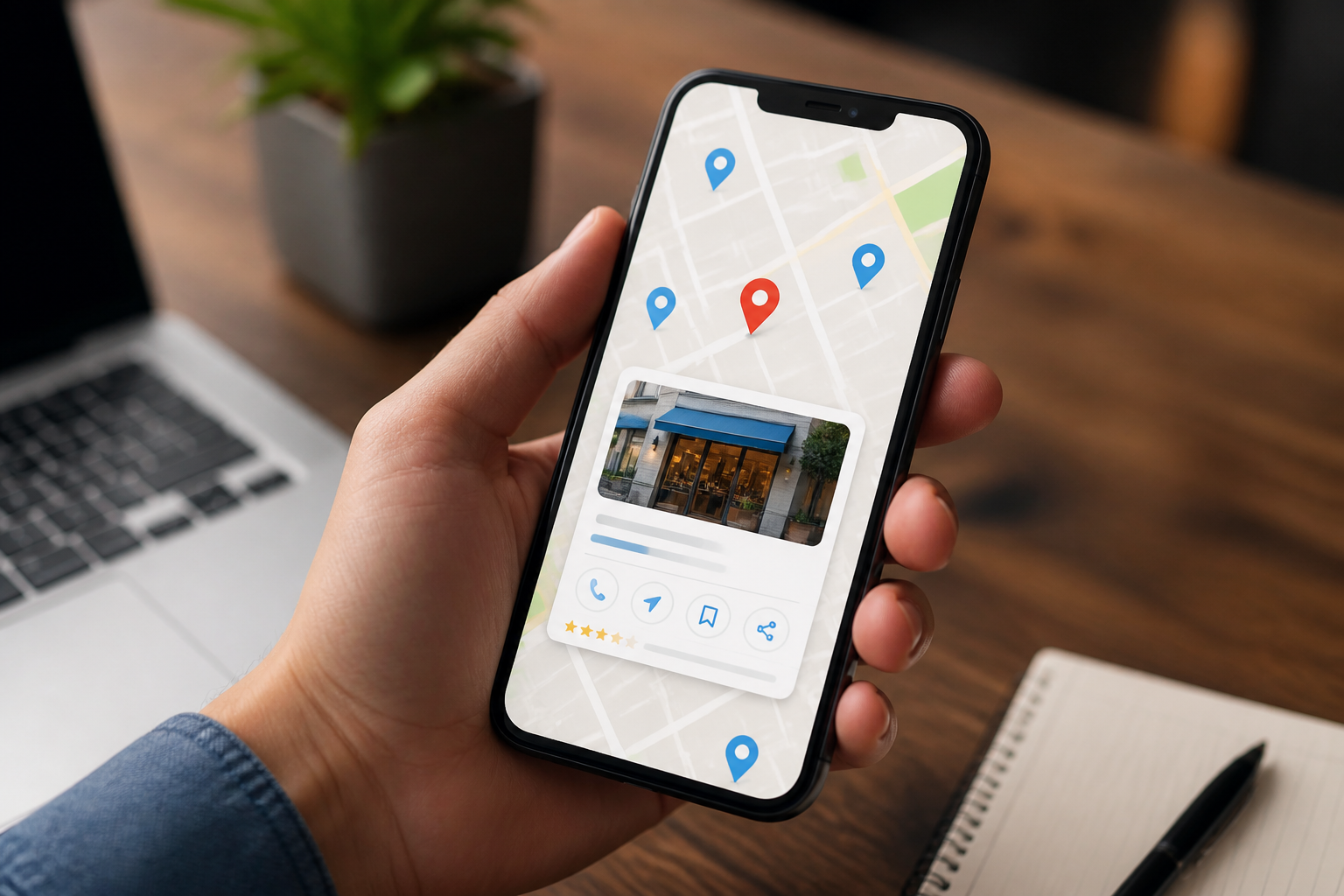 Configuração Google Business: Guia para Pequenos Negócios 2 Google Business profile para brasileiros nos Estados Unidos — smartphone mostrando um negócio destacado no Google Maps