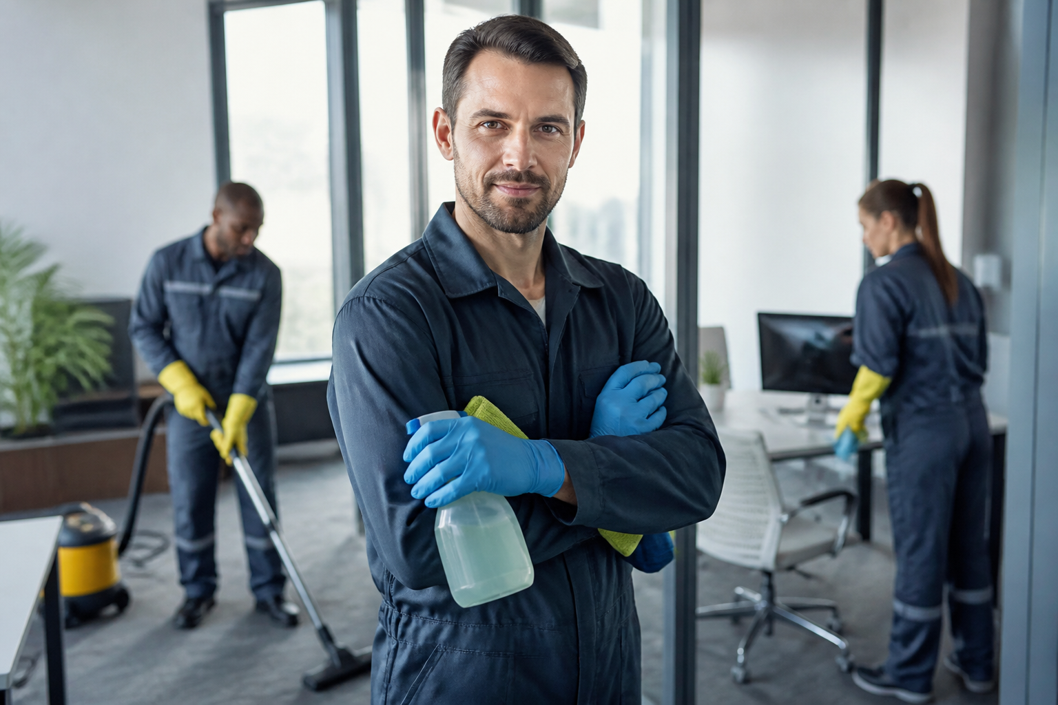 Como Conseguir Clientes de Limpeza nos EUA 1 como conseguir clientes de limpeza nos eua — empresário em uniforme de limpeza sorrindo para a câmera