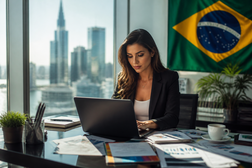 Branding Negócios Brasileiros EUA: Guia Completo 3 Branding negócios brasileiros eua — Mulher segurando logo de empresa com bandeiras do Brasil e EUA ao fundo