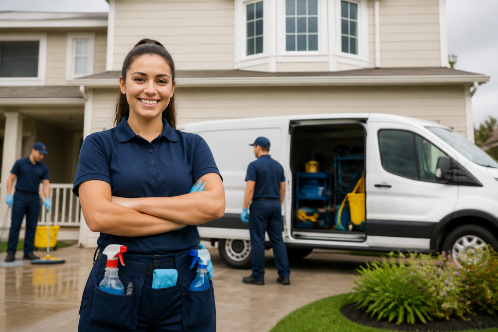 Marketing Para Negócios de Cleaning EUA: Estratégias Locais 2 Marketing negócio cleaning eua — Pessoas limpando escritório moderno com equipamentos profissionais e produtos de limpeza