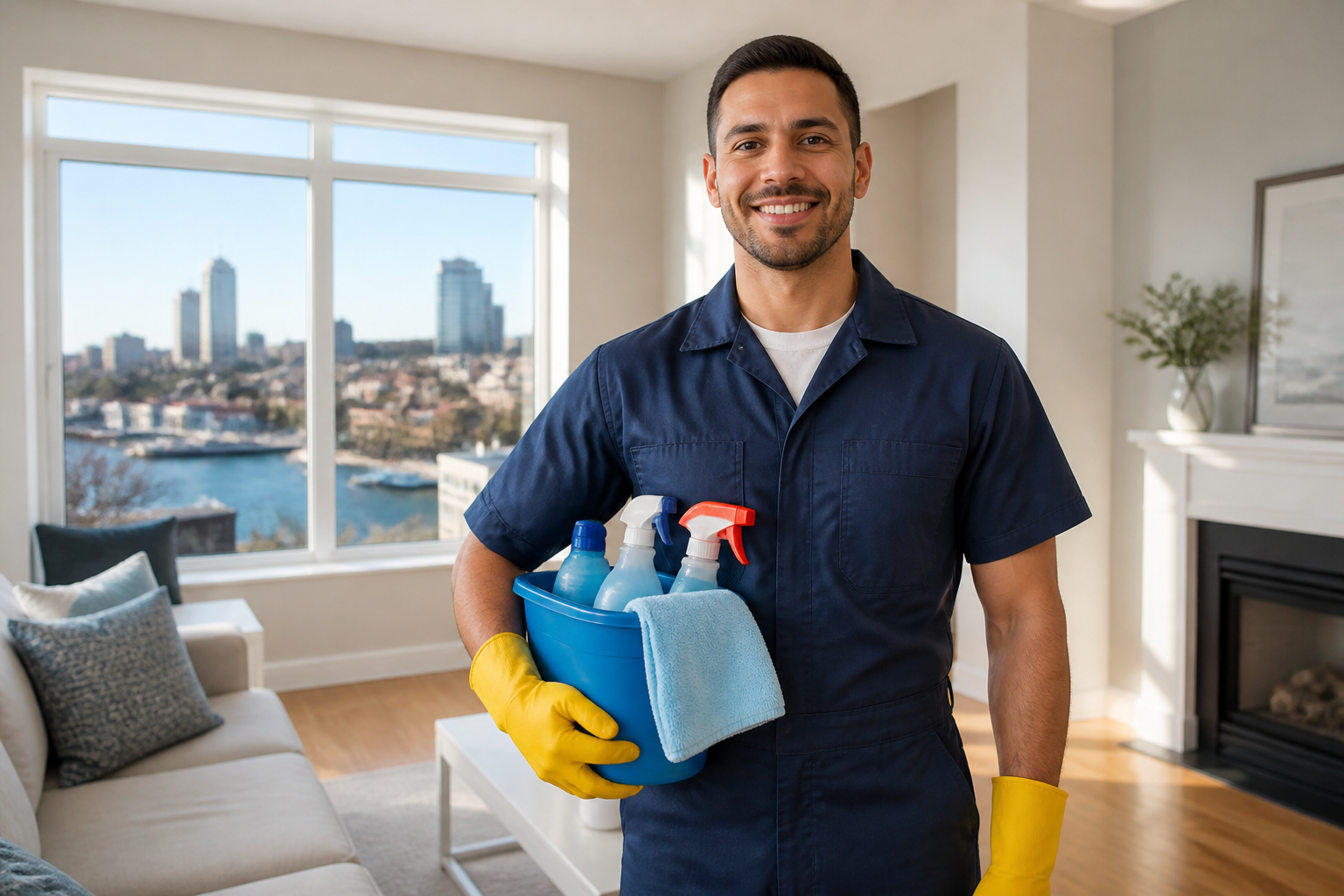 Marketing Negócio Cleaning EUA: Estratégias Locais 1 marketing negócio cleaning eua — profissional de limpeza em uniforme com produtos em Massachusetts