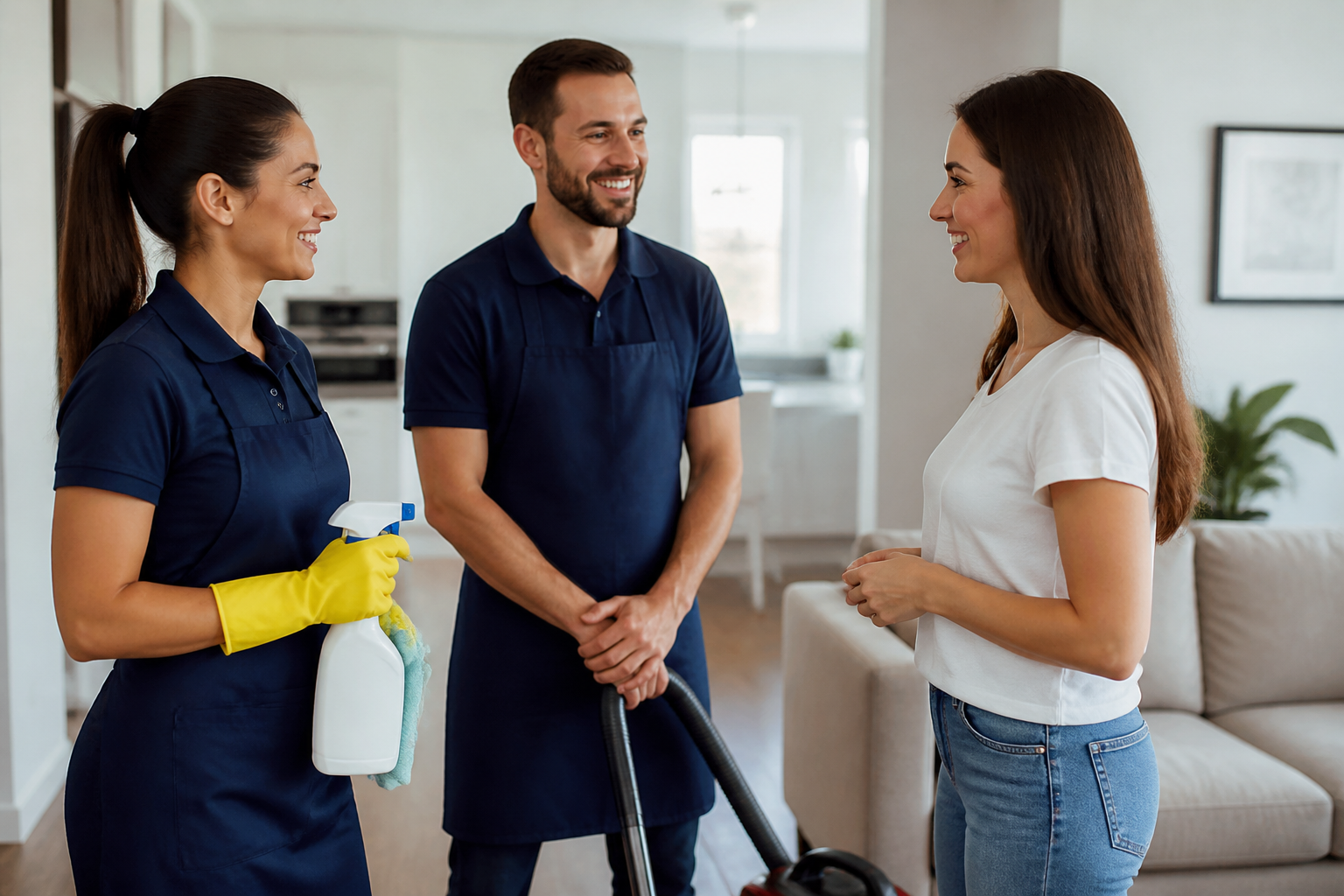 Marketing Negócio Cleaning EUA: Estratégias Locais 2 marketing para empresas de limpeza — equipe de limpeza conversando com cliente em casa