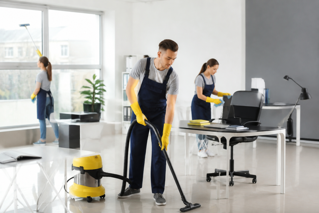 Leads para Empresas de Limpeza: Estratégias Eficazes 2 Leads para empresas de limpeza — laptop com gráficos e ícones de limpeza representando geração de leads e crescimento empresarial