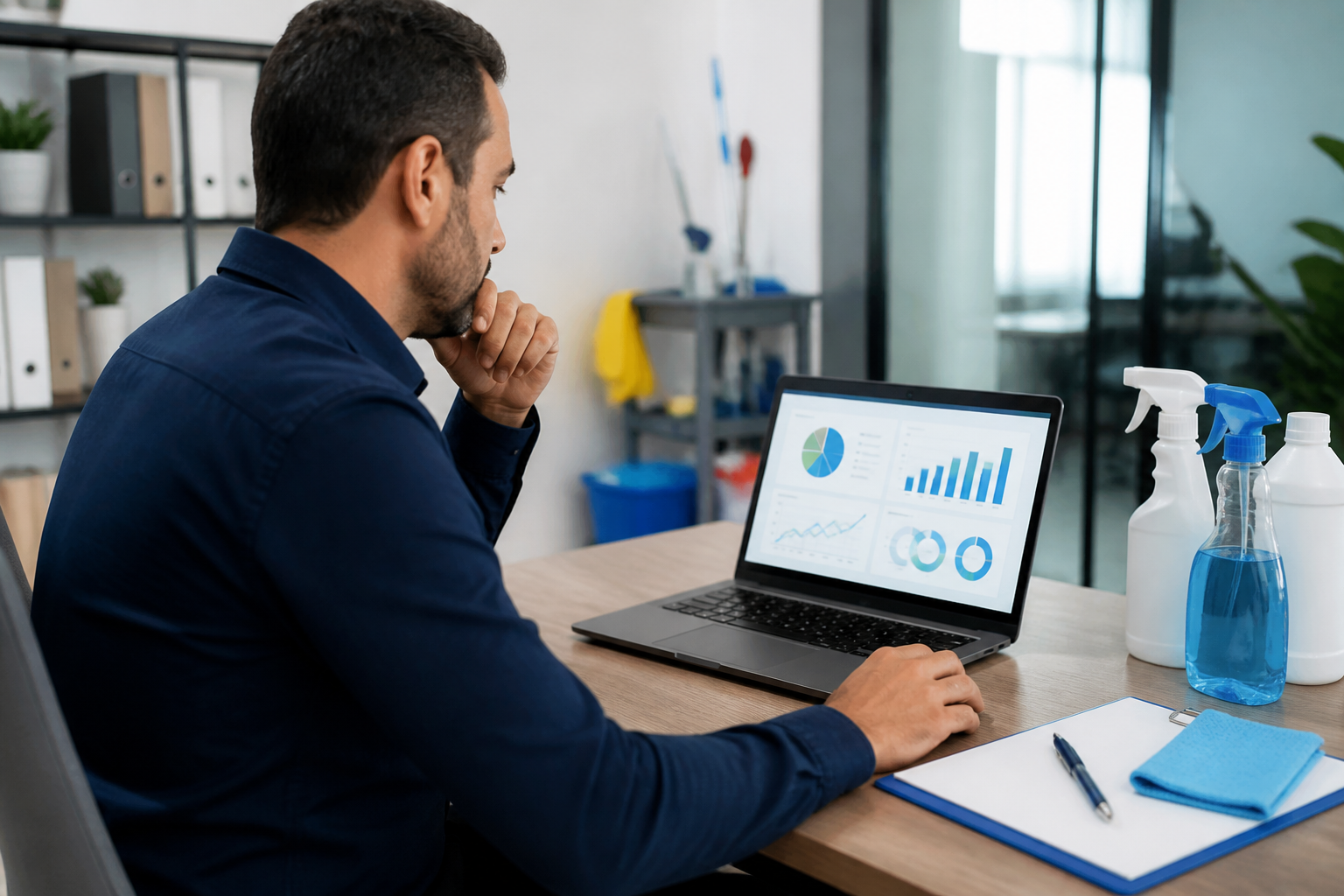 Leads para Empresas de Limpeza: Estratégias Eficazes 1 leads para empresas de limpeza — empresário analisando dados de leads em um laptop