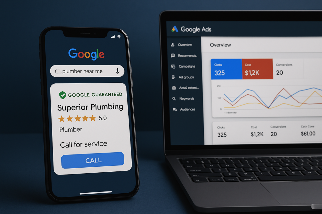 Google Local Services Ads vs Google Ads: Escolha Estratégica 1 Google Local Services Ads — captura de tela de um anúncio de serviços locais com avaliação por estrelas e informações de contato