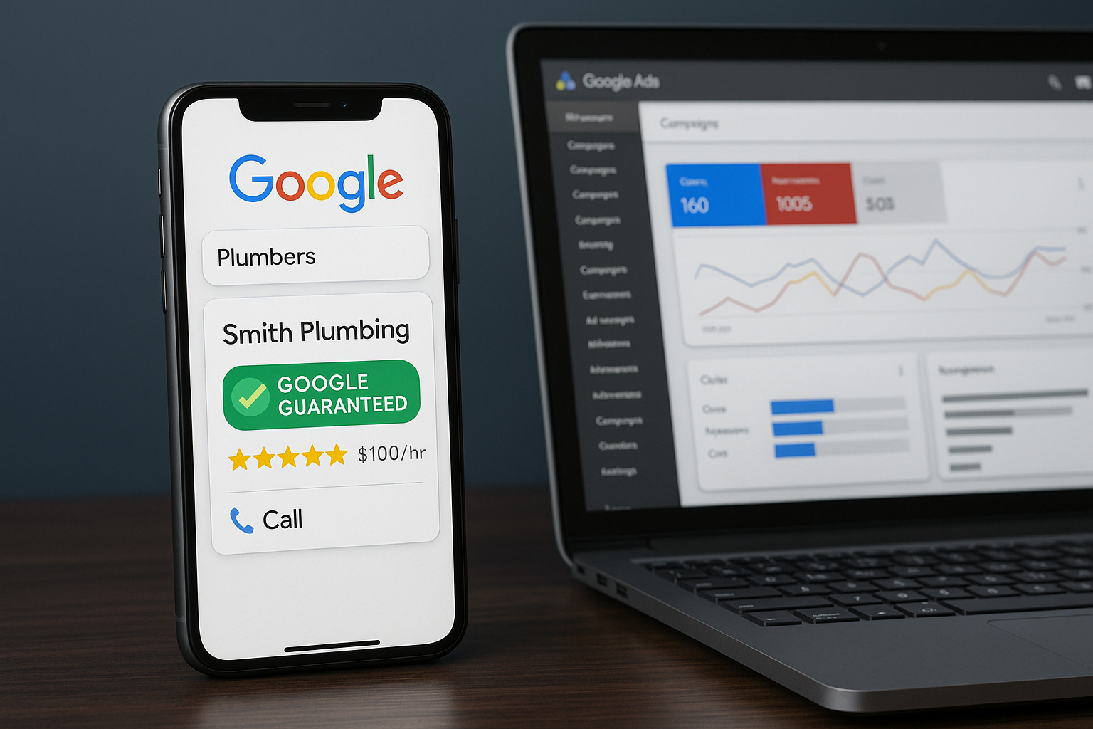 Google Local Services Ads vs Google Ads: Escolha Estratégica 1 Google Local Services Ads — Smartphone exibindo anúncio com selo Google Guaranteed ao lado de laptop com Google Ads
