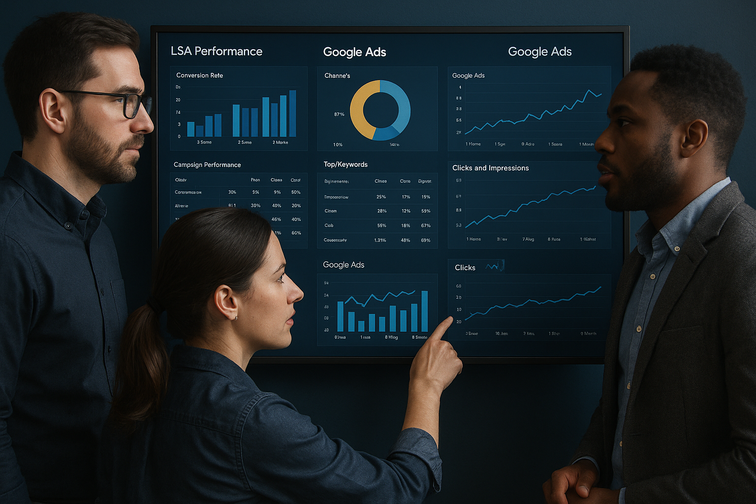 Google Local Services Ads vs Google Ads: Escolha Estratégica 2 Google Ads — Profissionais de marketing analisando dados em painel digital sobre integração de anúncios