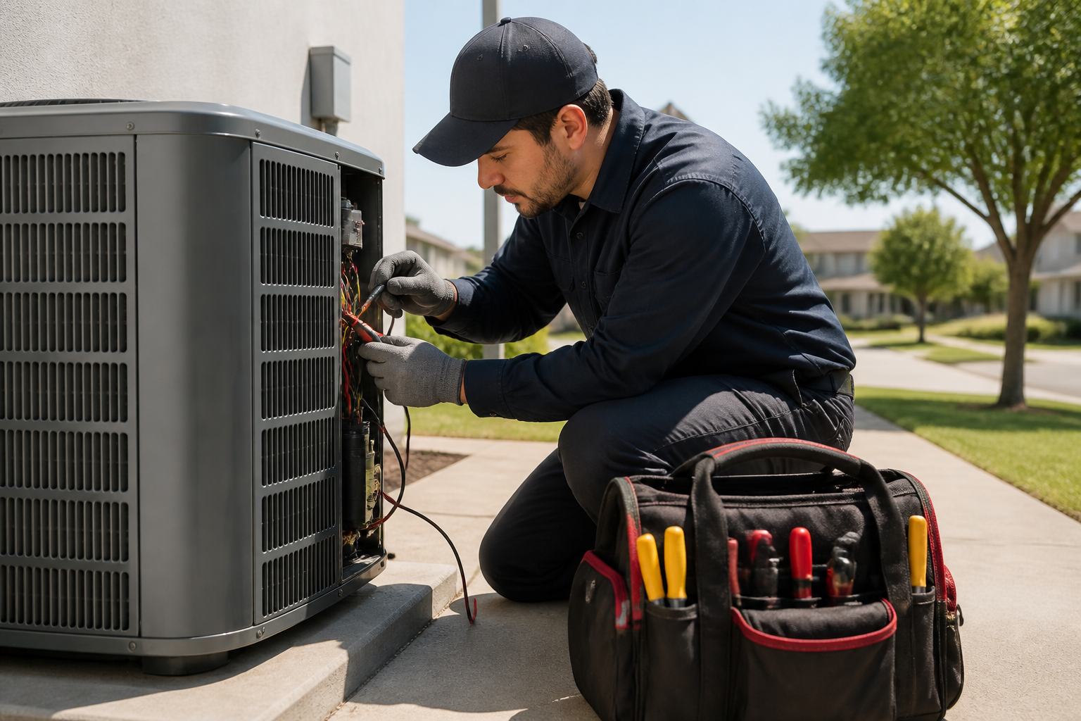 Marketing HVAC EUA: Estratégias para Aumentar Leads 1 marketing HVAC EUA — empresa de HVAC realizando serviço de manutenção em um ambiente residencial