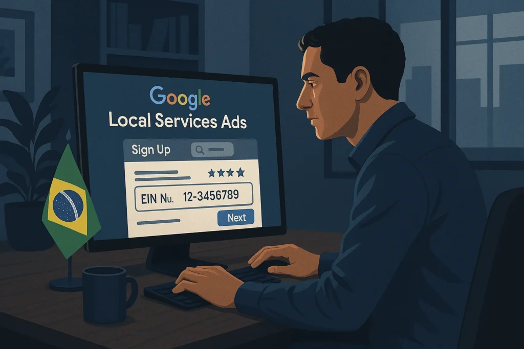 Google Local Services Ads: Guia Completo para Brasileiros 1 Google Local Services Ads — tela de cadastro com campos preenchidos, destacando a opção de inserir EIN Number nos EUA