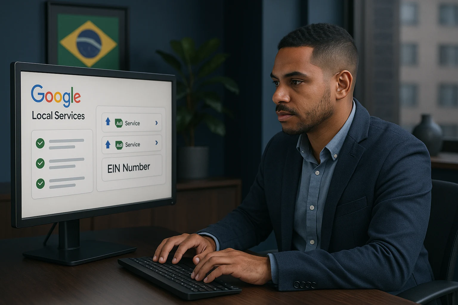 Google Local Services Ads: Guia Completo para Brasileiros 1 Google Local Services Ads — Empreendedor brasileiro configurando anúncios no computador com foco no EIN Number