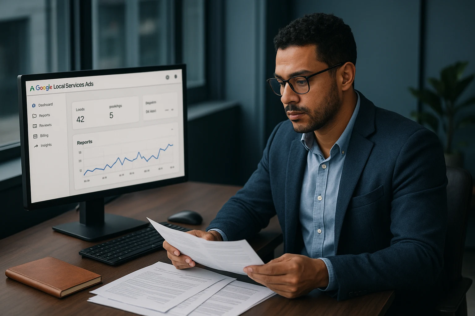 Google Local Services Ads: Guia Completo para Brasileiros 2 EIN Number — Empreendedor brasileiro revisando documentos em escritório contemporâneo